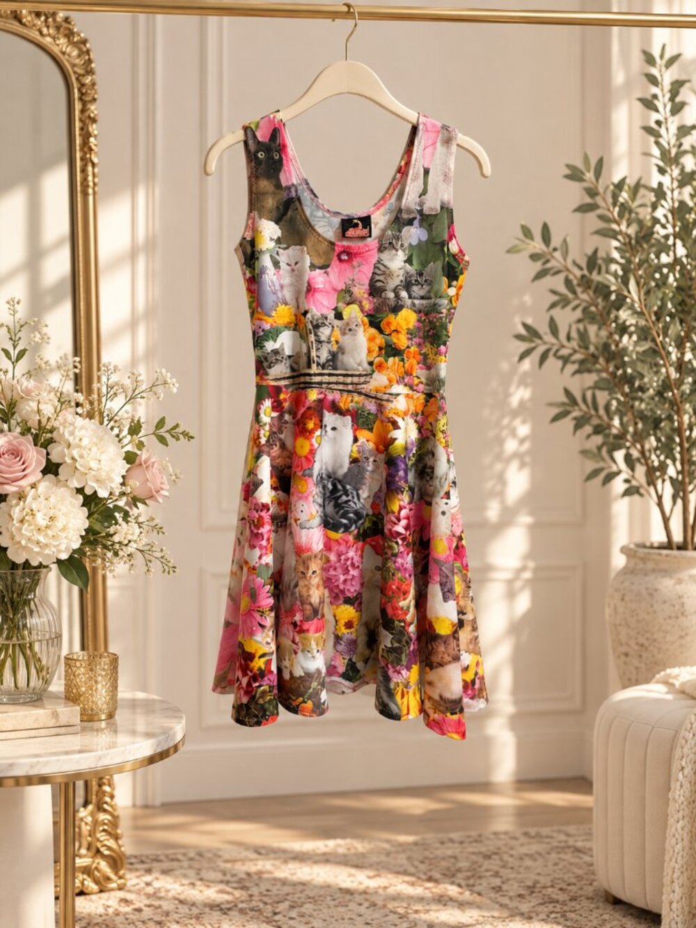 Pretty Snake Kitty Garden Party Cat Floral Skater Dress Rare Kawaii